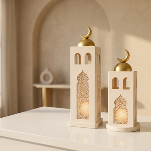 Faroles Blancos con Forma de Mezquita y Cúpula Dorada, Portavelas sin Llama para Decoración del Hogar en Ramadán - Product Image 4