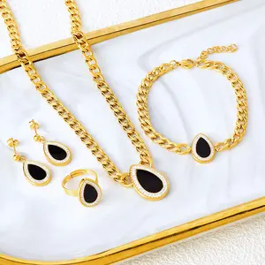 New Fashion 18k Gold Plated Chunky Necklace Earrings Rings Bracelet Set 316L Stainless Steel Waterdrop 4 Pcs Jewelry Set