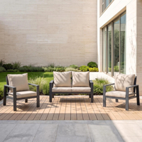Canapé de jardin moderne et confortable J&M, 7 places, avec table basse à lattes en aluminium, idéal pour cour, pelouse, jardin ou terrasse.