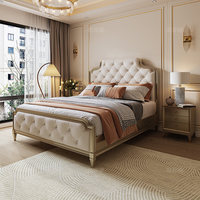 Lit double en bois massif de style rétro américain, crème, 1,8 m, dessus en cuir véritable, capacité de charge de 300 kg