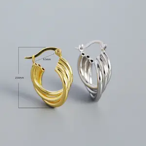 Chunky luxury women twisted gold plated 925 earrings thick earing hoop