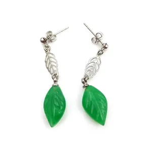 New designs natural green jade earrings carved gemstone leaf shape jewelry silver stud quartz earrings for girls fashion gifts