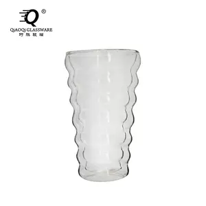 310毫升手工吹制双层玻璃杯高硼硅透明保温杯，带弧形茶汁啤酒杯