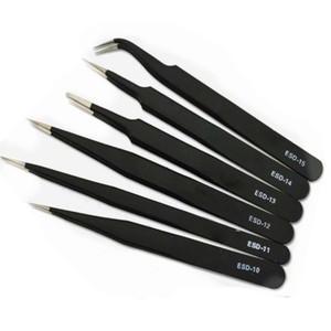 Juego de pinzas de 6 piezas, protección ESD, acero inoxidable negro puntiagudo y curvado, para reparación de teléfonos móviles y ordenadores. - Product Image 1
