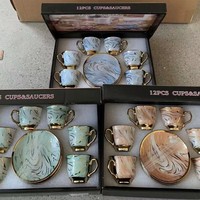Nouvel ensemble de tasses à café en céramique de style européen, luxe léger, rétro, motif floral, électroplaqué, 6 tasses et 6 soucoupes, coffret cadeau pour la maison