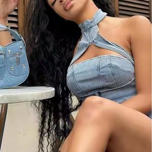 Nouvel ensemble en jean pour femme de haute qualité, crop top sexy et mini-jupe trapèze en denim délavé à l'acide, ensemble deux pièces - Product Image 3