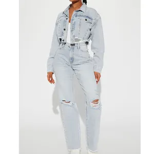 Dames Hoge Kwaliteit Denim Kleding Past Ultra-Korte Jean Jas Jas Verontruste Rip Lange Broek Jeans 2 Stuks Set voor Vrouwen