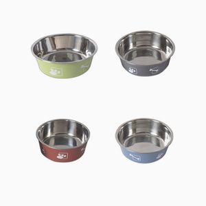 Harga pabrik mangkuk anjing besi tahan karat warna mode mangkuk bulat cetak kartun karet antiselip untuk makanan hewan peliharaan kucing kecil - Product Image 1