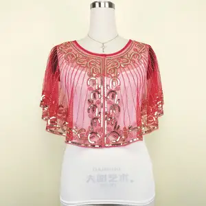 Gran oferta de Ecoparty, chal de lentejuelas con borlas, flecos de perlas con cuentas, envolturas de malla transparente, Gatsby Flapper, capa de Bolero, cubierta - Product Image 3