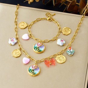 Vintage Enamel Floral Jewelry <b>Set</b> Gold Plated Necklace And <b>Bracelet</b> For Women With Rose And Butterfly Charms - Product Image 1