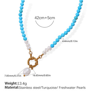 Collar de Perlas de Agua Dulce de Lujo con Colgante de Turquesa, Joyería Moderna para Mujer - Product Image 3