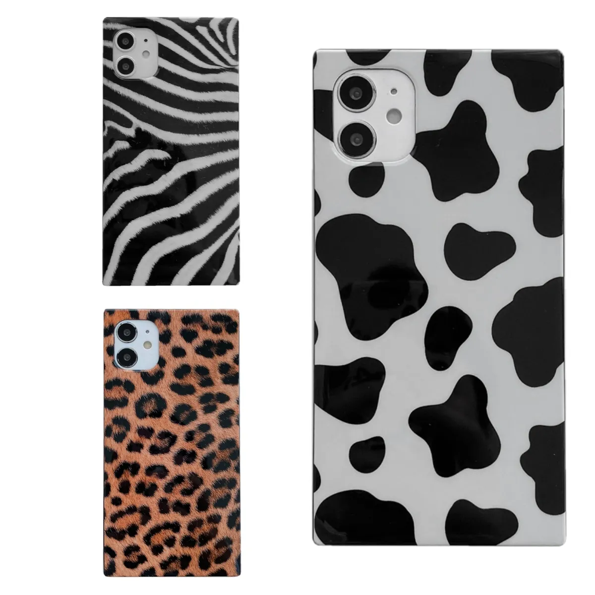 IPhone 15スクエアケースの場合、Leopard Zebra Cow Pattern Glossy Soft Flexible TPU Cover Phone Case for iPhone 11 12 13 14 15 Pro Max