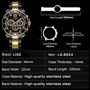 Reloj LIGE 8924 de Lujo, Reloj de Cuarzo, Cronógrafo Impermeable para Hombre, Reloj Casual de Acero Inoxidable con Fase Lunar de <span class=keywords><strong>24</strong></span> Horas para Hombre - Product Image 3