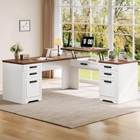 Bureau d'angle vintage blanc et noyer en forme de L avec tiroir à dossiers A4 et plateau relevable, bureau d'ordinateur d'angle robuste avec multiprise intégrée pour la maison.