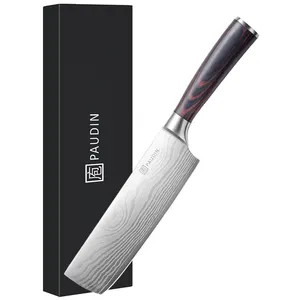 سكين طاهٍ من أفضل المبيعات بطول 7 بوصات طراز 5cr15Mov مصنوع من الصلب المموج مزود بنمط نصل Pakka بمقبض خشبي سكين مطبخ ياباني Nakiri من المُصنع الأصلي
