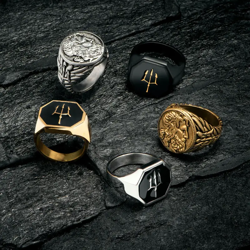 High Quality Fashion Jewelry Men Trident Ring Custom Gold Plated Stainless Steel Signet Ring