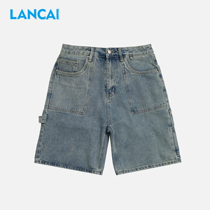 Pantalones cortos de mezclilla Lancai al por mayor, personalizados para hombre, con cremallera, corte holgado, 100% algodón, estilo baggy, para skate. - Product Image 1