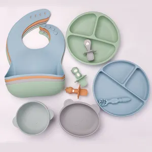 Manufacturer New Design Custom Organic Newborn Waterproof Blank Food Feeding Pink Silicone Baby Bib Bowl Spoon Set