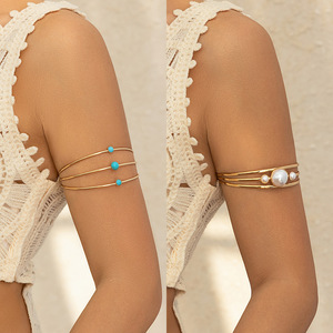 Brazalete Ajustable Abierto de Diseño Clásico con Múltiples Capas de Perlas de Imitación y Turquesa - Product Image 2