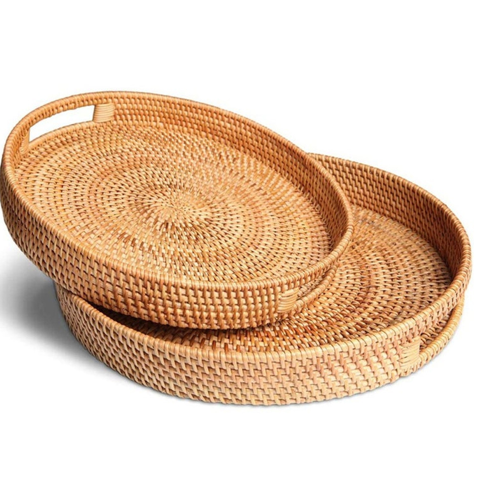 Handmade Rattan Circular Tray, Tea Tray, Bread, Dessert, Basket, Storage, Fruit, Autumn