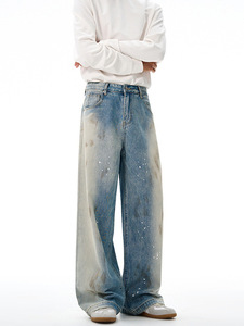 Celana <span class=keywords><strong>Jeans</strong></span> Pria Gaya Amerika Trendy Merk Ternama Buatan Tangan Motif Percikan Cat Kotor Celana Wanita Model Boot Cut Vintage Serbaguna - Product Image 3