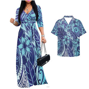 Серые гавайские комплекты для пар с цветочным принтом: модные повседневные рубашки для мужчин и платья для женщин из мягкой ткани - Product Image 2