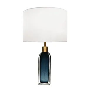Modern Style Metal and Blue Glass Base Night Light Fabric Shade Bedroom Table Lamp
