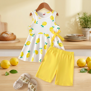 Ensemble robe sans manches et short jaune à imprimé citron pour filles, tenue d'été mignonne, tissu respirant en polyester et coton, Bangladesh - Product Image 5