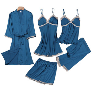 Conjunto de pijama de cinco piezas de imitación de seda negra, estilo europeo y americano, a la moda y cómodo, al por mayor. - Product Image 4