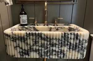 Lavabo en marbre Calacatta Viola <span class=keywords><strong>de</strong></span> luxe <span class=keywords><strong>haut</strong></span> <span class=keywords><strong>de</strong></span> <span class=keywords><strong>gamme</strong></span>, <span class=keywords><strong>design</strong></span> moderne, lavabo cannelé, salle <span class=keywords><strong>de</strong></span> bain, pierre naturelle, lavabo mural - Product Image 3