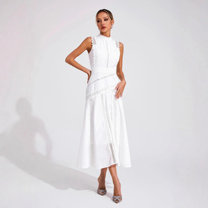Robe de soirée midi blanche sans manches en dentelle, col rond, fermeture éclair sur le devant, taille naturelle, respirante - Product Image 1