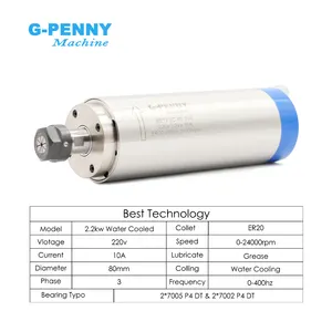 Gpenny Customization Water Cooled Spindle 2.2KW ER20 D80 Spindle Motor 220v/380v 4 Pcs Bearings High CNC Milling Machine