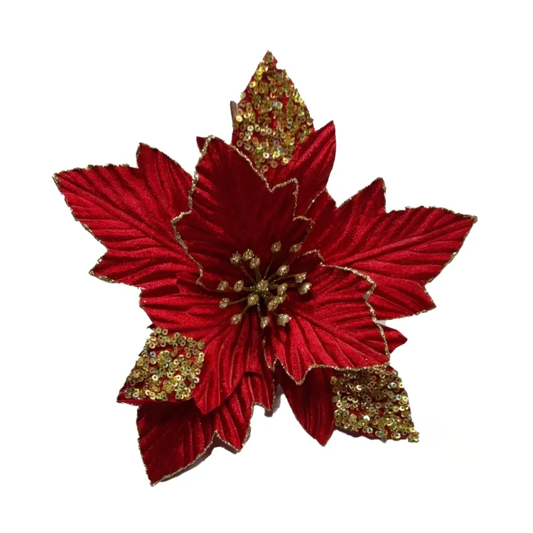 زهرة البوانسيتيا الاصطناعية البراقة مخصصة 22 سم لديكورات عيد الميلاد