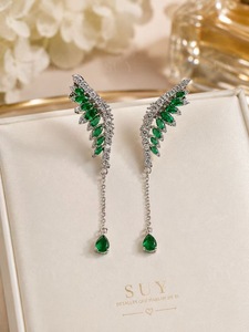 Orecchini Pendenti a Forma di Ali in Argento 925 con Cristallo Verde, Gioielli da Festa per Donne - Product Image 3