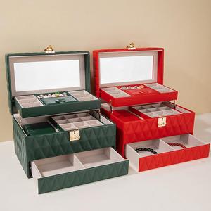 Vintage PU Leather Jewelry Storage Case with Drawer <b>Large</b> Capacity Wedding <b>Gift</b> <b>Box</b> for Pendant Ring Necklace Earrings - Product Image 2