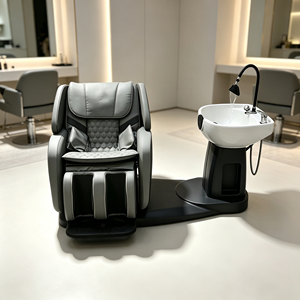 Chaise de massage électrique avec bac à shampoing, en cuir PU gris, inclinable, pour lavage de cheveux, salon de coiffure, spa capillaire - Product Image 3