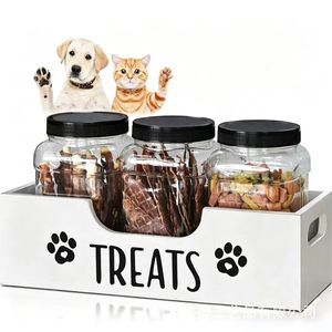Pet Treats Storage Box With 3 Jars For Dog Snacks Organized Wooden <b>Container</b> With Labels And Lid For Kitchen Or Home Use - Product Image 2