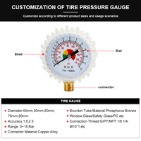 Tire Pressure Gauge Copper Alloy Joint Phosphor Bronze Tube 40-80mm 0-18 bar Back or Bottom Connection for Car Truck Bicycle