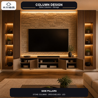 Console TV flottante moderne sur mesure avec colonnes latérales, piliers en placage de pierre et étagères ouvertes pour grand salon, hôtel, villa