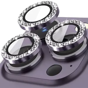 Protecteur d'objectif de caméra 3D en métal diamant, anneau de protection d'objectif de caméra en verre trempé pour iphone 14 14 pro 14 pro max
