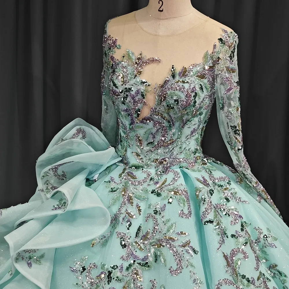 Green Floral Quinceanera Dress Shiny Bride Robe Ball Gown