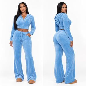 Ensemble de survêtement décontracté pour femme en velours, deux pièces : sweat à capuche court zippé et pantalon évasé taille haute à cordon de serrage - Product Image 1