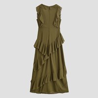 Robe midi chic et décontractée pour femme, nouvelle collection 2026, avec col en V, volants et manches volantées, style rétro.