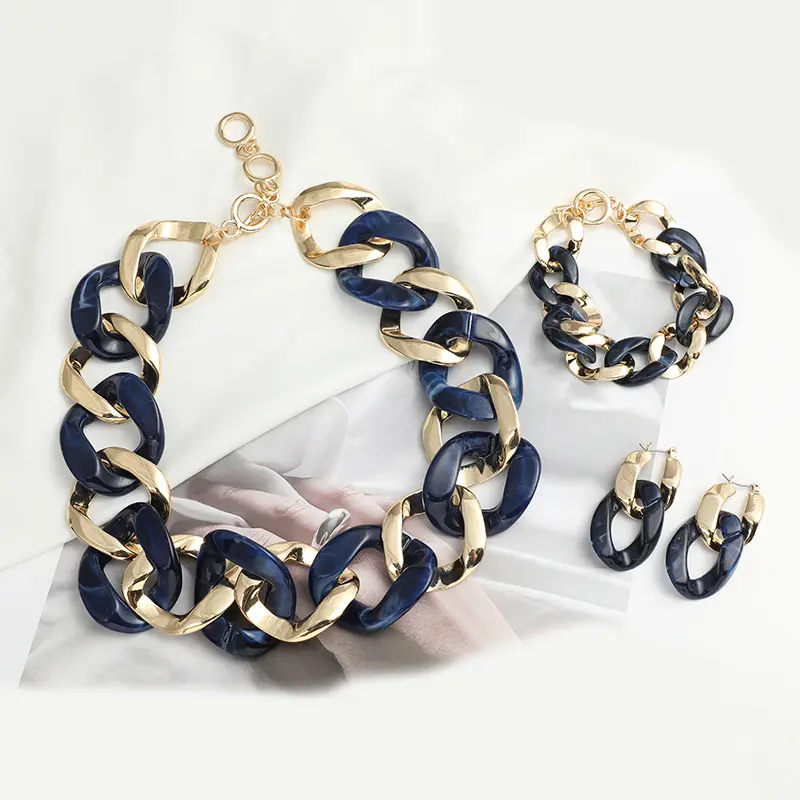 2024 Chic Gold Alloy Navy Resin Loops Link Chain Earrings Woman Bracelets Necklaces Set