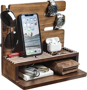 Solid Wood Charging Station Storage Nightstand Desk Organizer for Multiple Devices Men Gift Wood Docking Station