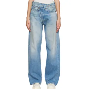 Customize Women Denim Jeans Streetwear Blue Crossover Wide Jeans