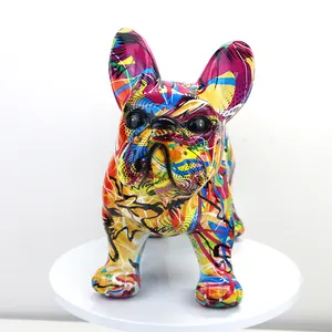 Modern sanat yaratıcı hayvan heykelcik renkli Bulldog heykeli reçine Graffiti fransız Bulldog heykel ev dekorasyonu