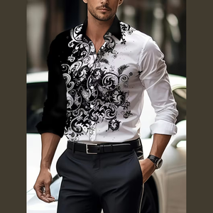 <span class=keywords><strong>Camicia</strong></span> Business Casual Primaverile ed Estiva con Motivo Floreale, Colletto con Bottoni e Maniche Lunghe per <span class=keywords><strong>Uomo</strong></span> - Product Image 2