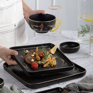 Nordic Tableware Marble Ceramic Dinnerware Plates Restaurant Matte Gold Rim Luxury <strong>Black</strong> White Square Steak <strong>Dinner</strong> Plates <strong>Set</strong> - Product Image 5