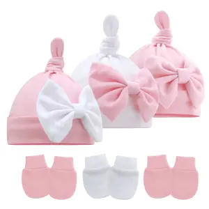 Berretti per cappelli in cotone per neonati set di cappelli e guanti per neonati in tinta unita morbidi